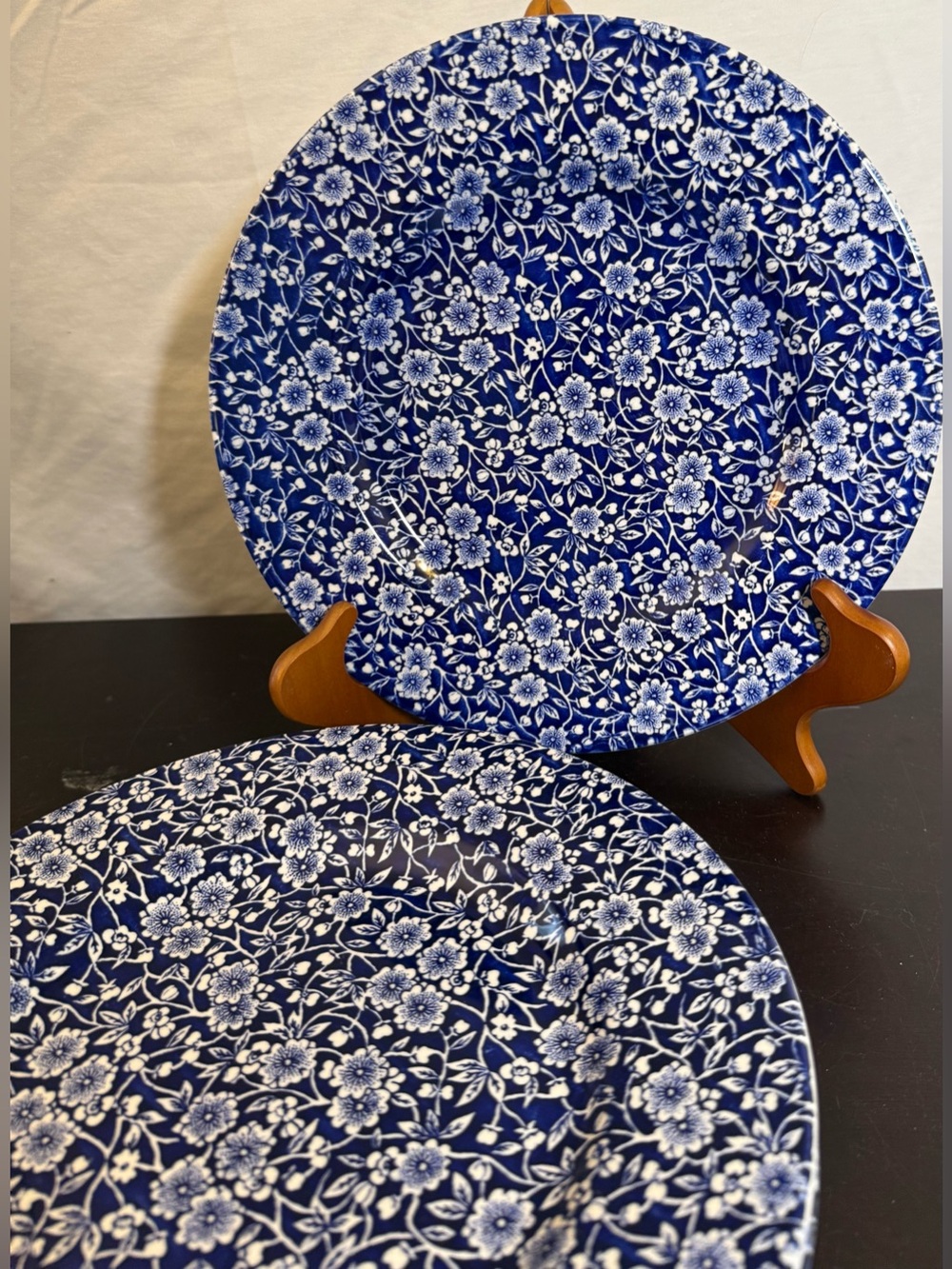 4 Queen Calico Blue dinner plates. 10.75” England